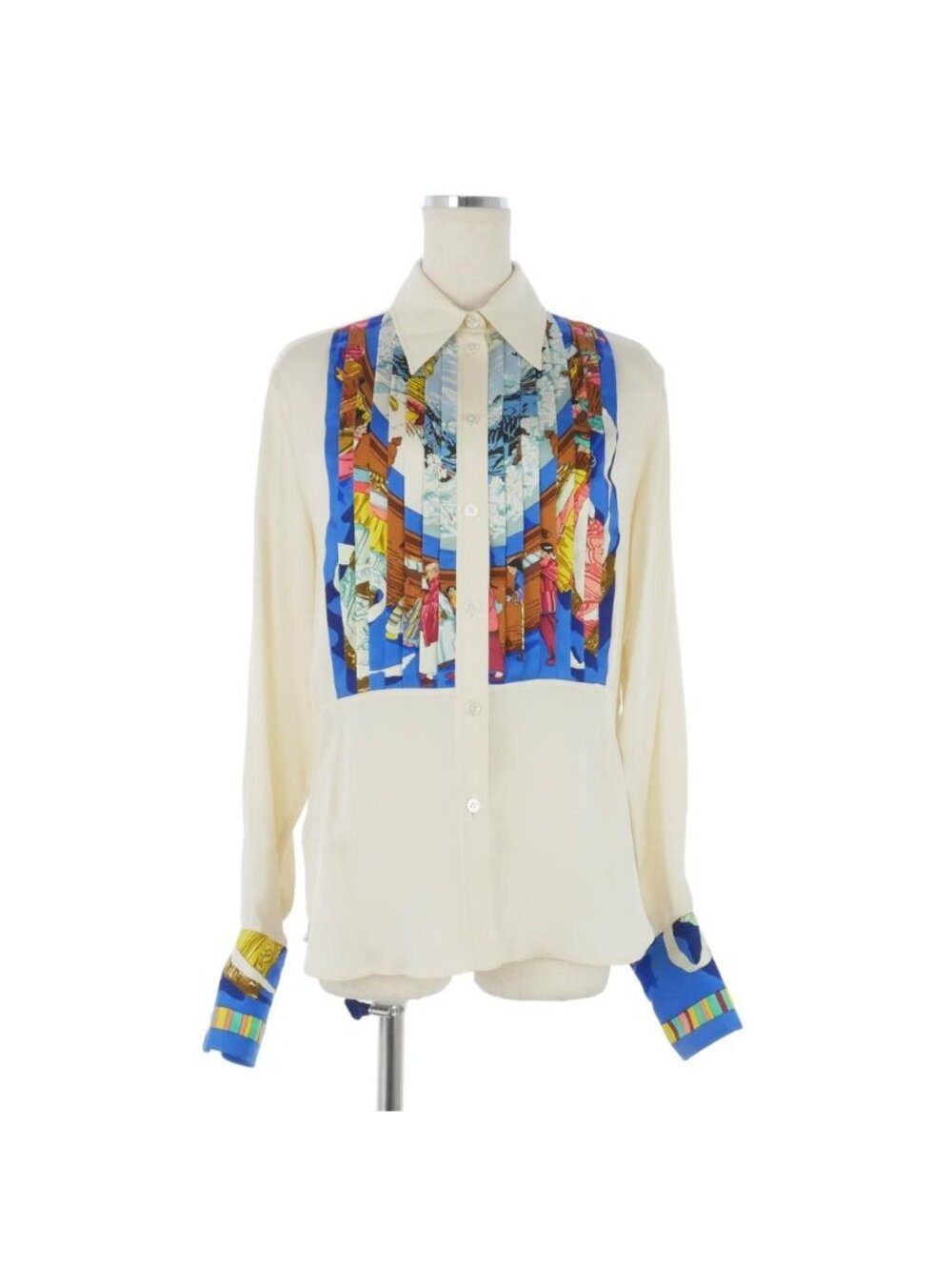 Hermes Vintage Prayer in the Wind Pleated Silk Shirt Blouse Sellier Buttons